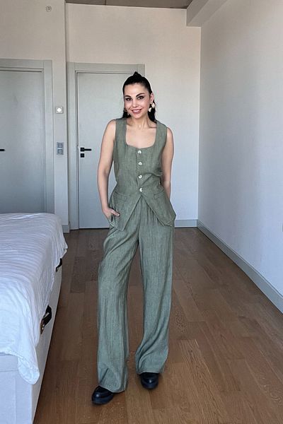 Seda Yalçın Atelier Khaki Square Collar Buttoned Vest Suit