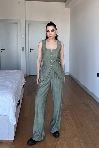 Seda Yalçın Atelier Khaki Square Collar Buttoned Vest Suit