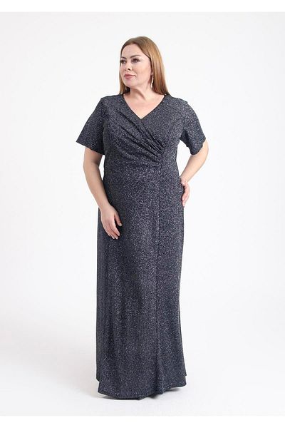 LİLAS XXL Plus Size Black Colored Short Sleeve Double Breasted Collar Lycra Glitter Evening Dress