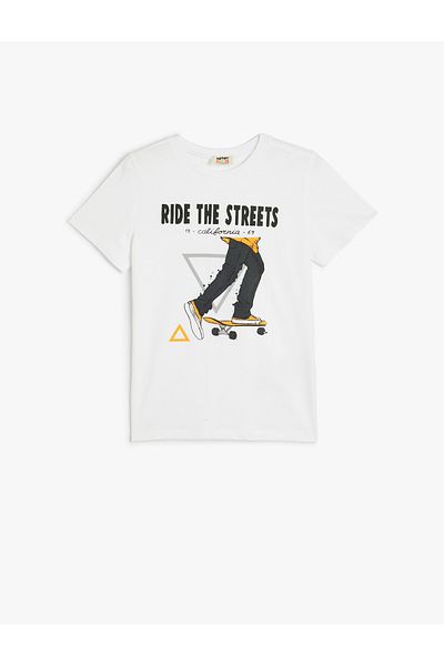 Koton Βαμβακερό κοντομάνικο μπλουζάκι - στάμπα Skateboard, Crew Neck