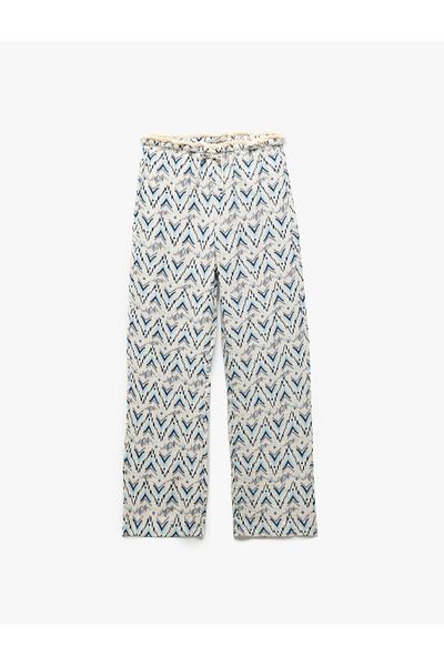Koton Viscose Laced Waist Patterned Straight Leg Trousers