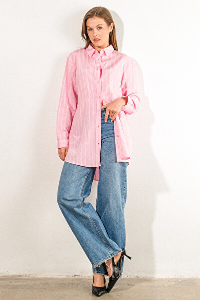 GÖMLEX قميص نسائي كبير الحجم من نسيج القطن المخطط