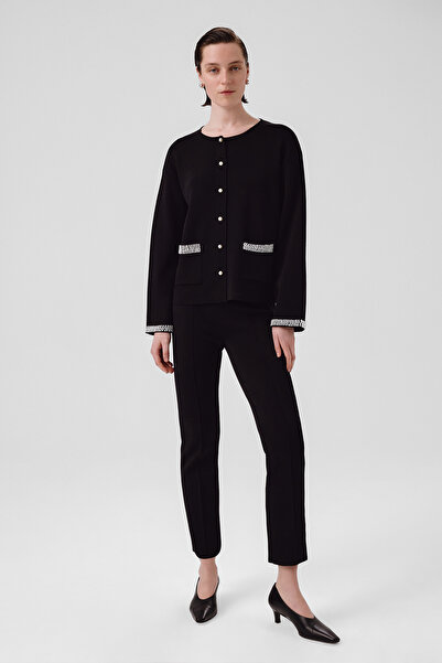 Triko Mısırlı Black Pearl Buttoned Women's Jacket with Pocket Detail