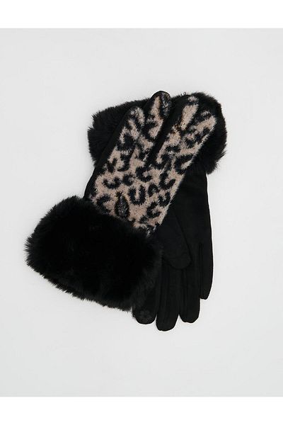 Kayra Leopard Patterned Beige Gloves