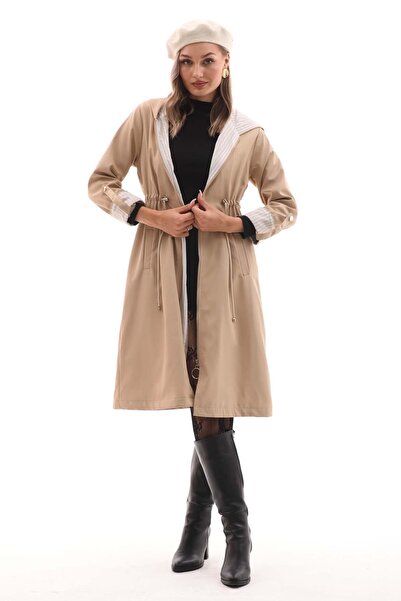ŞİMAL Women's Long Trench Coat with Collar Cuffs and Drawstring Waist 255247 -