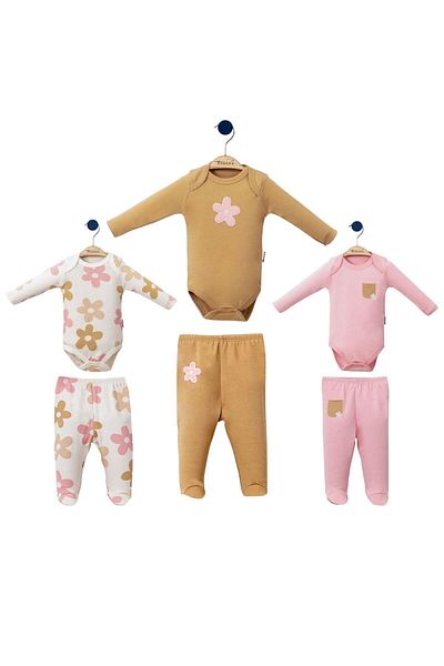 Necix's Floral Printed Pocket Detailed Baby Girl's Snap Fastener Bodysuit and Booties Bottom Three Piece Double Set Cream