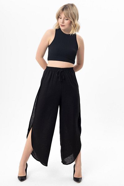 ŞİMAL Women's Slit Detailed Linen Trousers 250128   -