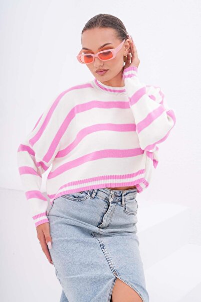 ŞİMAL Tricotaj pentru femei cu model în dungi, cu gâtul rotund, tricotaj, pulover scurt, largi, tricotat 255044 -