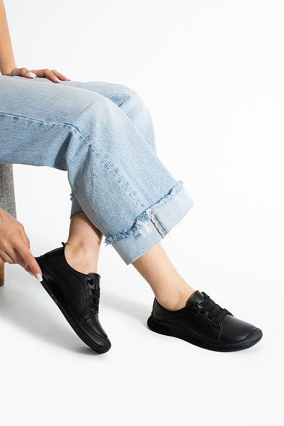 Getcho Preko Women's Genuine Leather Black Lace-Up Comfortable Daily Sneaker Sports Shoes Soft Model