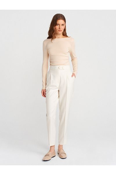 Dilvin 71621 High Waist Pleated Trousers-Ecru