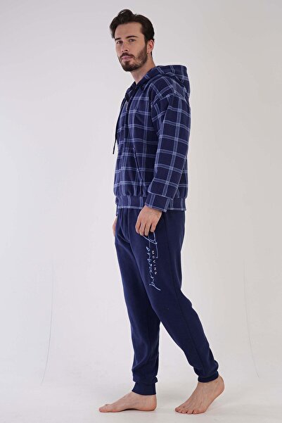 VİENETTA Vienetta Man Lacivert Erkek Polar Kapuşonlu Uzun Kollu Pijama Takımı