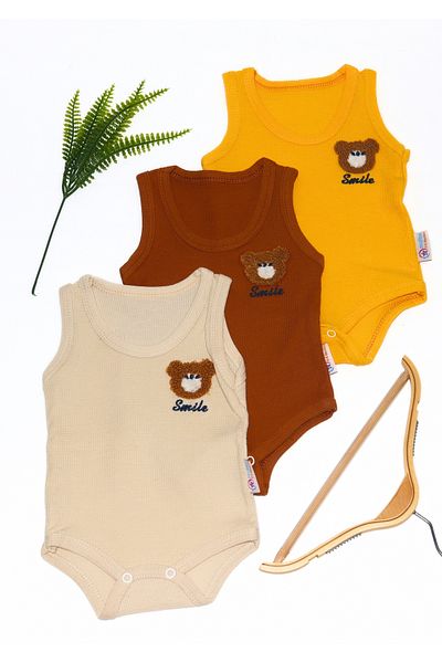 Maysa 3-Piece Baby Snap Body Undershirt Colorful Smile Patterned Bodysuit 100% Organic Cotton Waffle Fabric