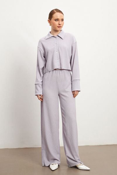 MODAGEN Women's Lilac Long Sleeve Shirt Slit Pants Crinkle Set