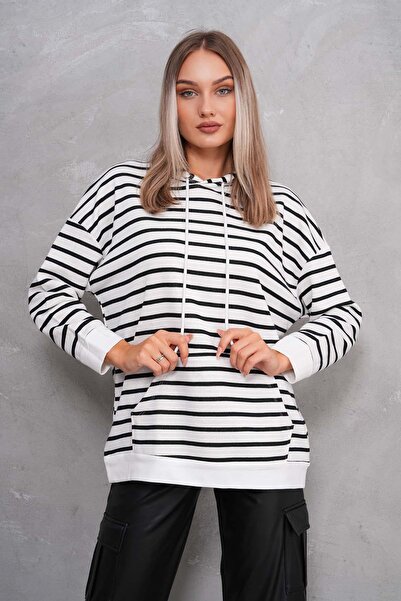 ŞİMAL Kadın Çizgi Desenli Kanguru Cepli Kapüşonlu İki İplik Oversize Sweatshirt 245124 -
