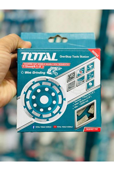 TOTAL 115mm (4-1/2) Diamond Cup Grinding Wheel – Double Row, Wet Use, TAC2421151