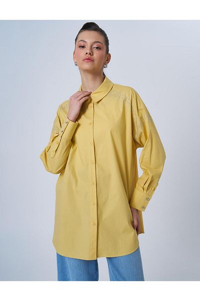 Kayra Wide Cuff Hotfix Printed Cotton Tunic Yellow