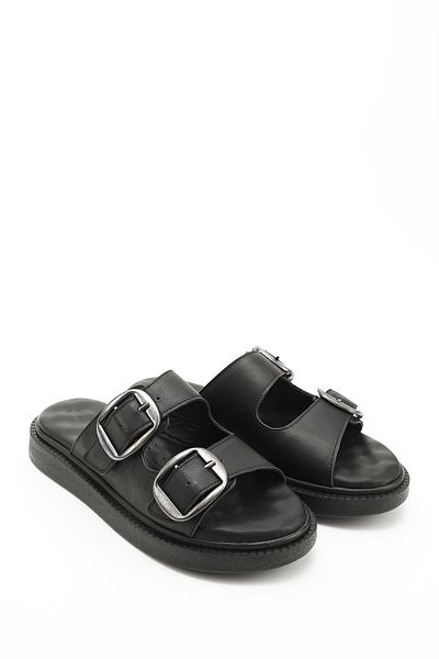 GÖNDERİ(R) Women / Girls Black Buckle Genuine Leather Comfort Slippers
