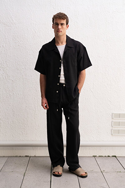 GIESTO Draped Short-Sleeved Black Shirt