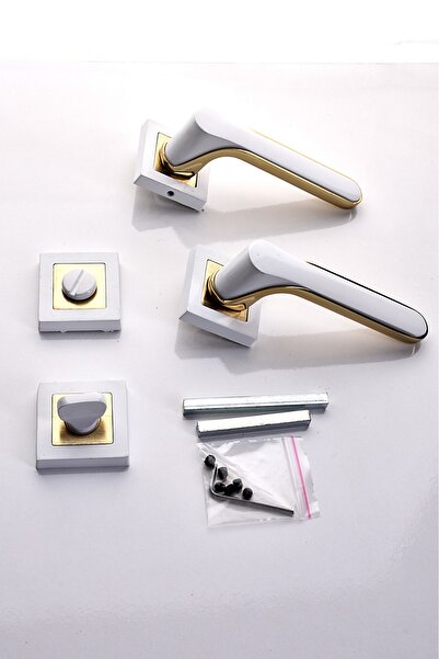 ararsanburada Kare Rozetli Beyaz-Gold WC Kapı Kolu 1 Takım