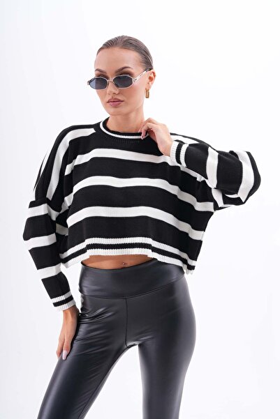 ŞİMAL Жіночий трикотажний светр з велосипедним коміром, з лінійним візерунком, вільного крою, короткий 255044 -