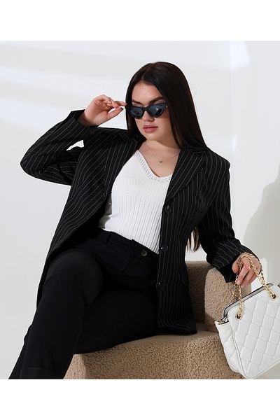 COCOCİX ριγέ σακάκι με στάμπα διπλή τσέπη Blazer jacket