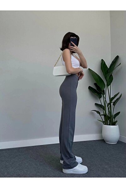miyase life Kadın Gri Krep Kumaş Likralı Ön Çimalı Ispanyol Paça Pantolon