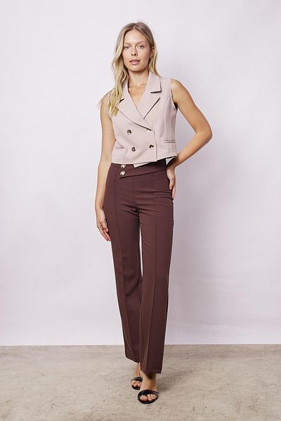 Jument Women's High Waist Front Stitched Belt Buttoned Lightweight Leg and Lycra Fabric Office Pants