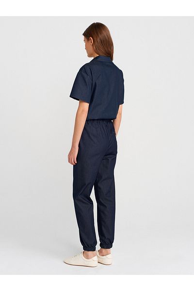 Dilvin 71630 High Waist Elastic Leg Trousers-Navy Blue