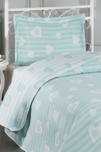 Evlen Home Collection Единично памучно покривало Aston Heart Patterned Комплект пике от 2 части ментово детско младежко покривало