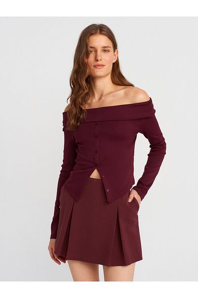 Dilvin 31400 Off-The-Shoulder Buttoned Top-Burgundy