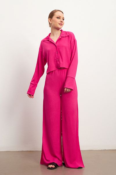 MODAGEN Women's Fuchsia Long Sleeve Shirt Slit Pants Crinkle Set
