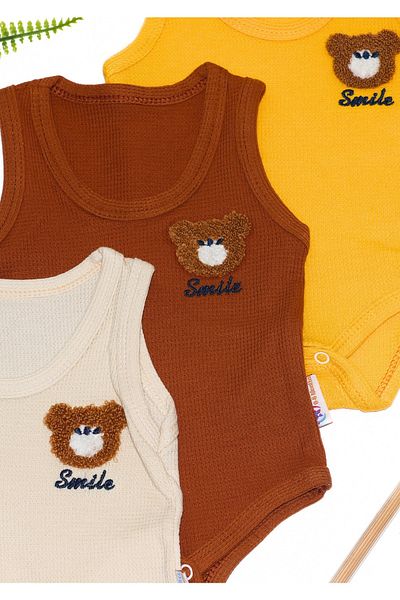 Maysa 3-Piece Baby Snap Body Undershirt Colorful Smile Patterned Bodysuit 100% Organic Cotton Waffle Fabric