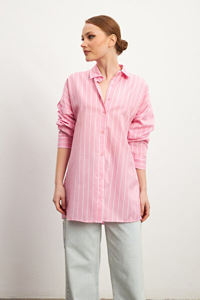 MODAGEN Women's Pink Wide Striped Wide Cut Shirt