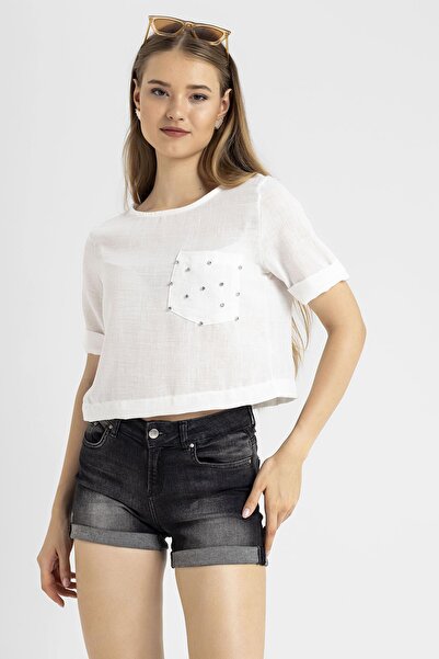 ŞİMAL Women's Pocket Stone Detailed Loose Blouse