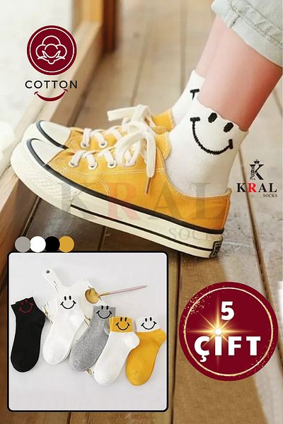 KRAL SOCKS Set de șosete anti-transpirație din bumbac pentru femei (5 PERECHI) Quarter Socket Soft Smiley Face