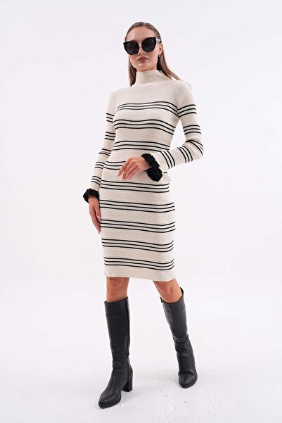 ŞİMAL Women's Stripe Patterned Half Fisherman Knitwear Knitted Long Dress 255022 -