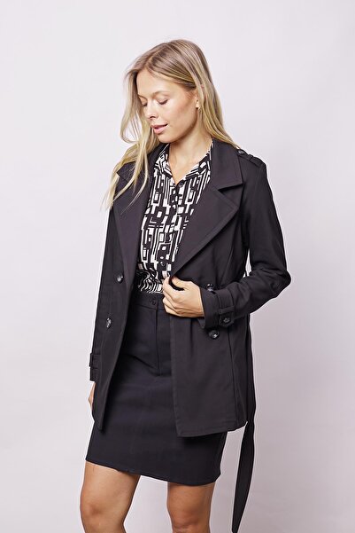 Jument Γυναικείο μπουφάν με διπλό στήθος με ζώνη από ελαφρύ ύφασμα Lycra Trench Coat-Μαύρο