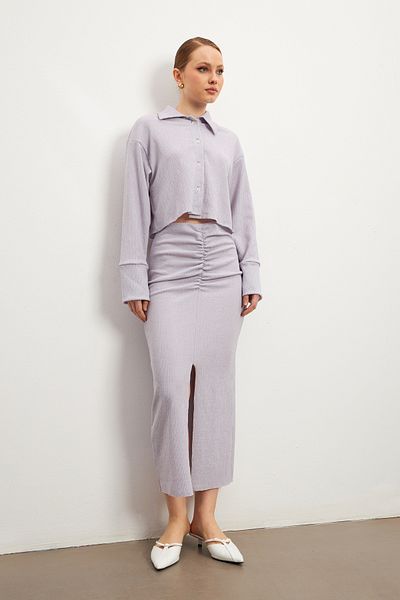 MODAGEN Women's Lilac Long Sleeve Shirt Slit Skirt Crinkle Set