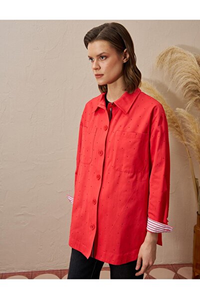 Kayra Çift Cepli Hotfix Baskılı Bluz Kırmızı