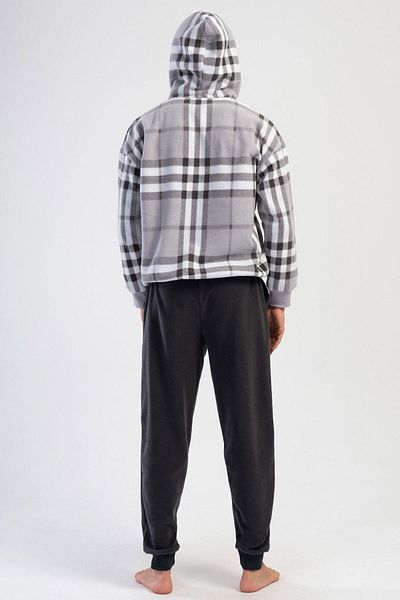 VİENETTA Vienetta Man Gray Men's Fleece Hooded Long Sleeve Pajama Set