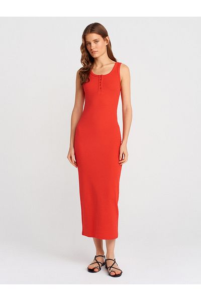 Dilvin 91382 Button Detailed Midi Dress-Red