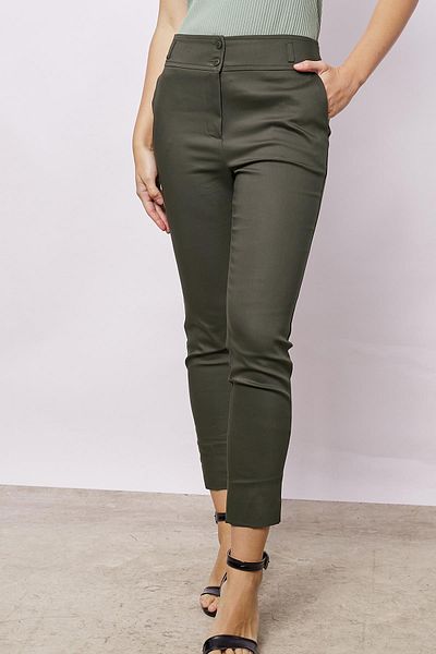 Jument High Waist Pocketed Leg Light Lycra Office Trousers Dark Khaki