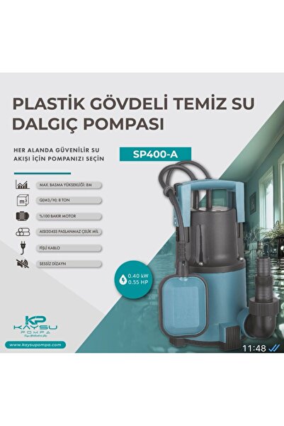 KAYSU SP400-A Plastik Gövdeli Kirli Su Dalgıç Pompası 0,55HP