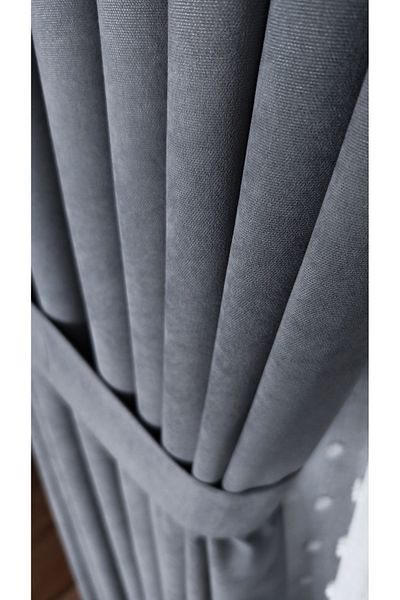 Yuka Double Wing Gray Velvet Textured 1/3 Dense Pleated Solid Color Background Curtain Heavy Weight