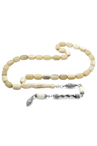 Tesbihane Kararmaz Metal Gümüş Halat Püsküllü Kapsül Kesim Naturel Renk Deve Kemiği Tesbih