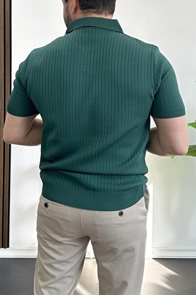 Edwox Ανδρικό μπλουζάκι με ριγέ μοτίβο με ανοιχτό γιακά σκούρο πράσινο Edw258