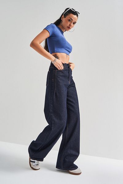 its basic Dámská námořnická modrá Water Wash Olea 7w4-50 Wide Leg Fit 100% bavlna Denim Jean