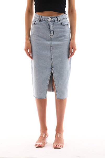 ŞİMAL Fusta de damă din denim cu detaliu cu fantă în față 250369 -
