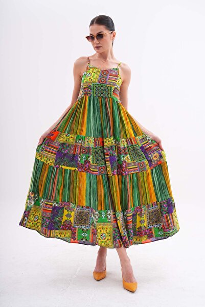 ŞİMAL Kadın Etnik Desenli Ip Askılı Uzun Elbise 250215 -