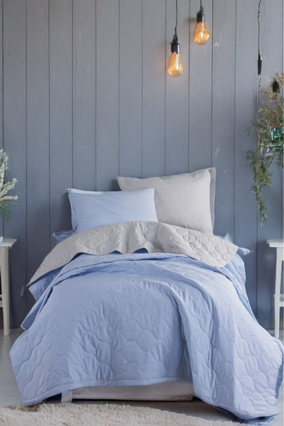 UPSTYLE Kapitone Yatak Örtüsü Seti Tek Kişilik Solid A.Mavi-Gri